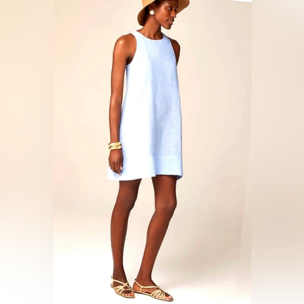 J. Crew Tall Maxine Button Back Blue Linen Shift Dress